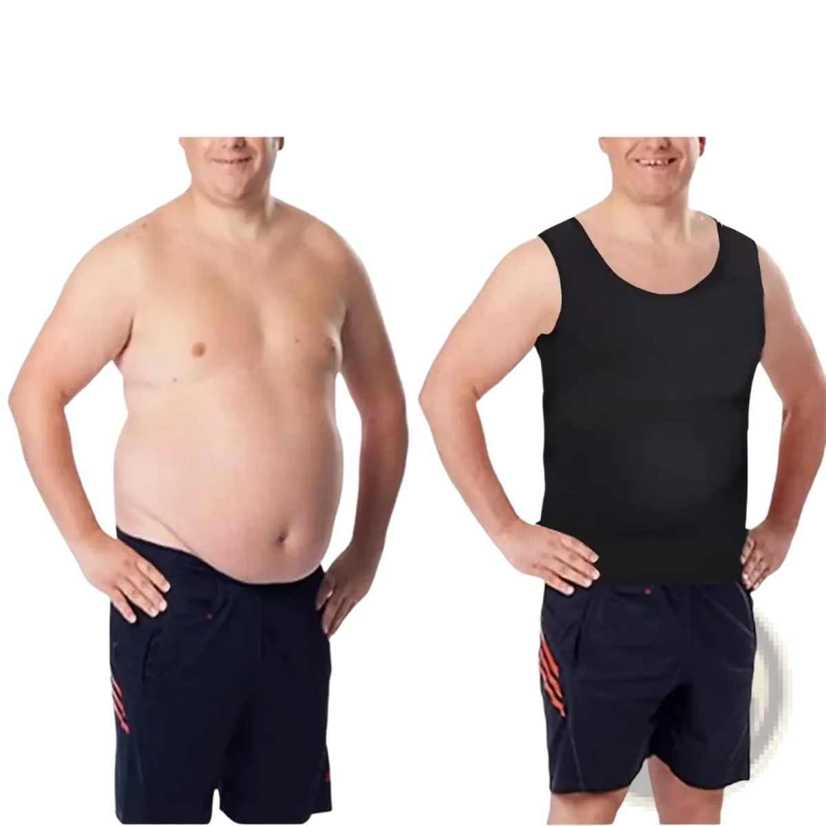 Men compression body shaper vest slimming tank top in black sleeveless design with scoop neckline and red striped shorts