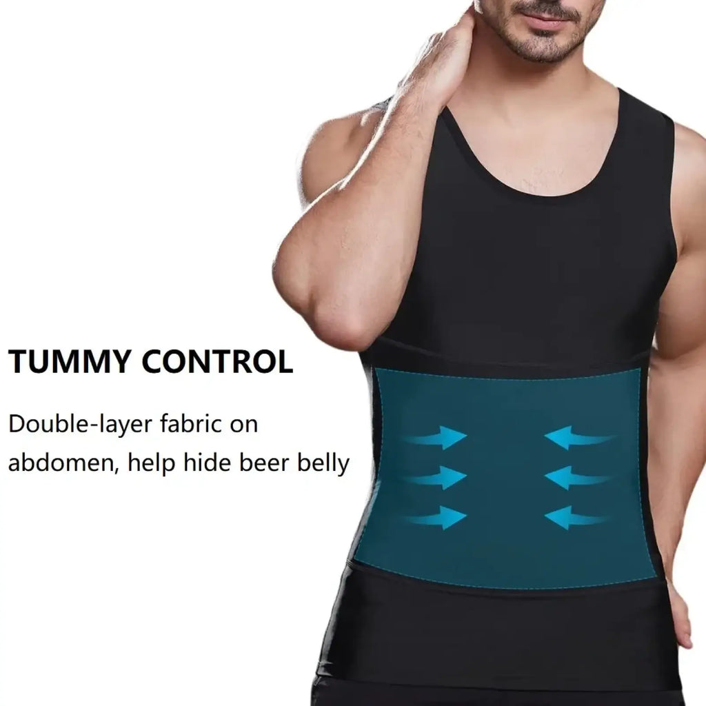 Black and teal double-layer fabric men compression body shaper vest with tummy control and directional arrows on front panel