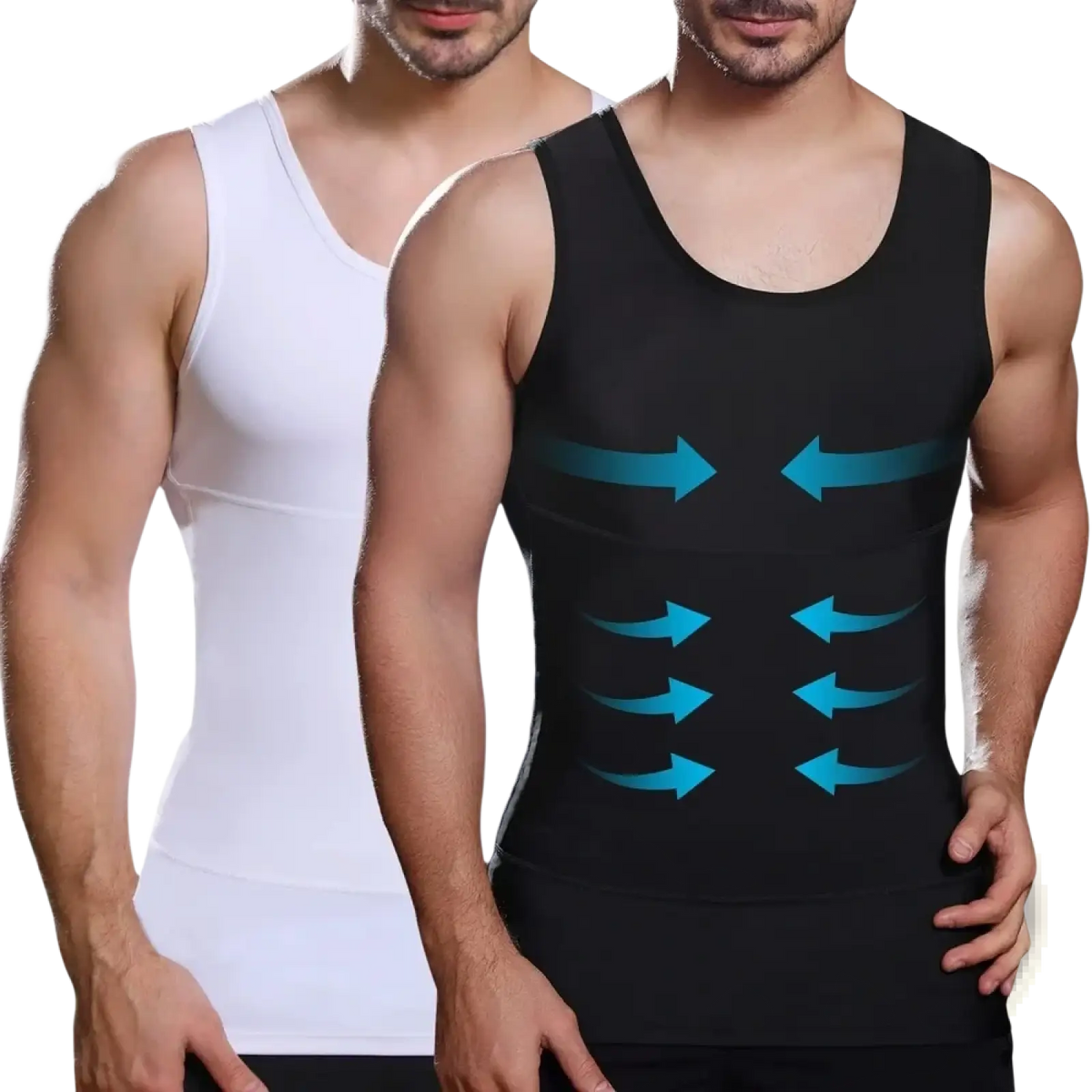 Men compression body shaper vest slimming tank top in black and white with blue arrow graphics on front side