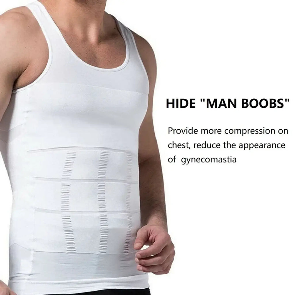 White men compression body shaper vest with horizontal ribbed panels for chest support and slimming effect