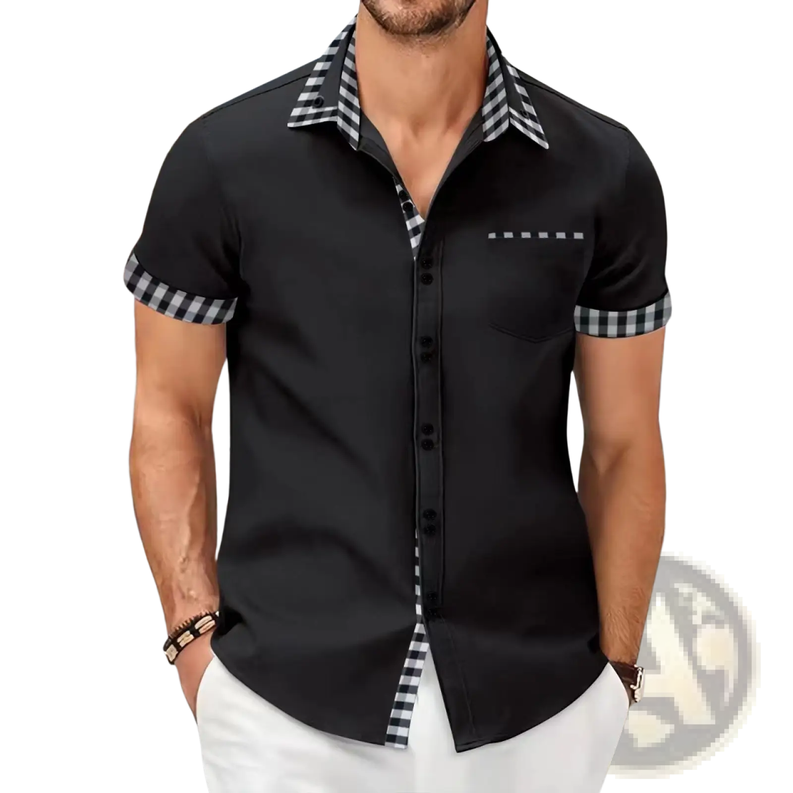 Men contrast checkered short sleeve button up shirt in black with black and white checkered collar and sleeve cuffs