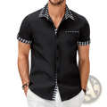 Men contrast checkered short sleeve button up shirt in black with black and white checkered collar and sleeve cuffs