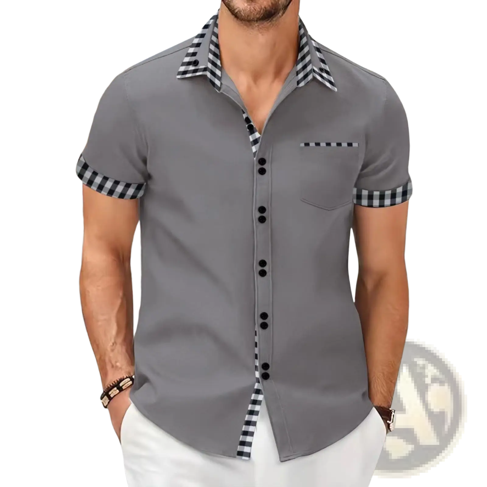 Men contrast checkered short sleeve button up shirt in gray with black and white checkered collar cuffs and pocket trim