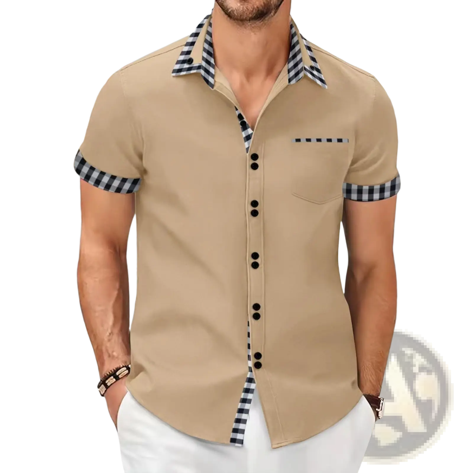 Beige men contrast checkered short sleeve button up shirt with black and white checkered collar cuffs and placket trim