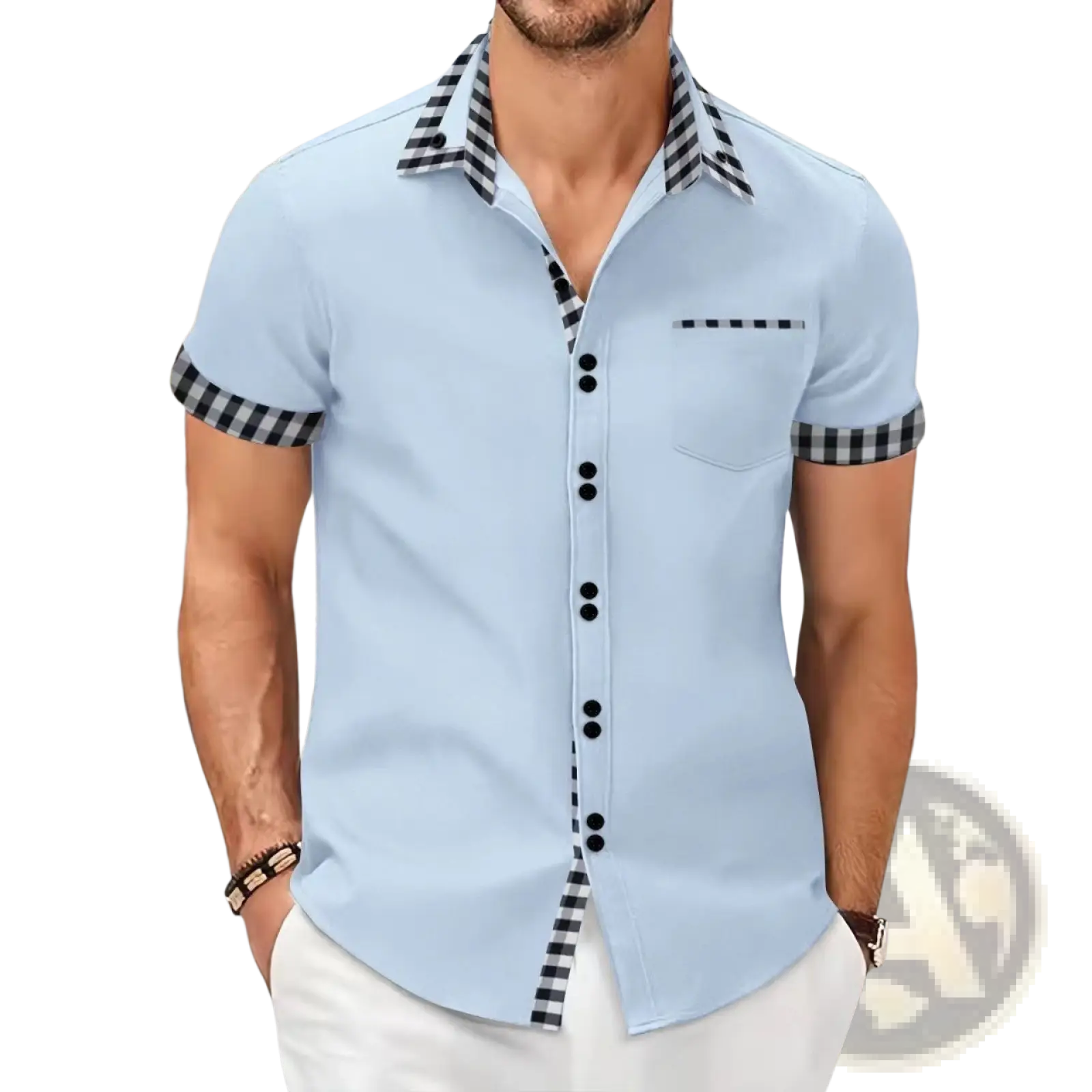 Men contrast checkered short sleeve button up shirt in light blue with black and white checkered collar cuffs and placket trim
