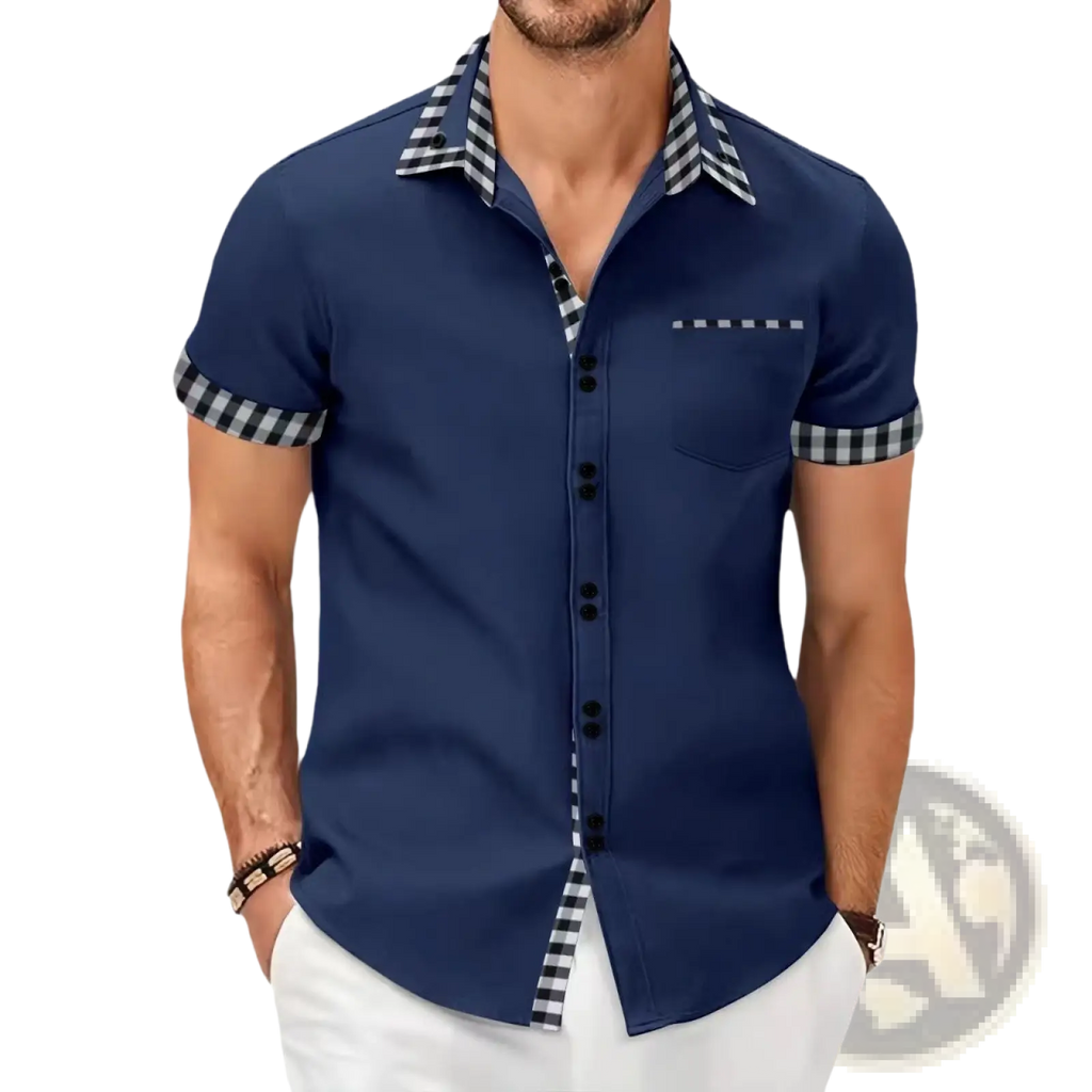 Men contrast checkered short sleeve button up shirt in navy blue with black and white checkered collar cuffs and lining