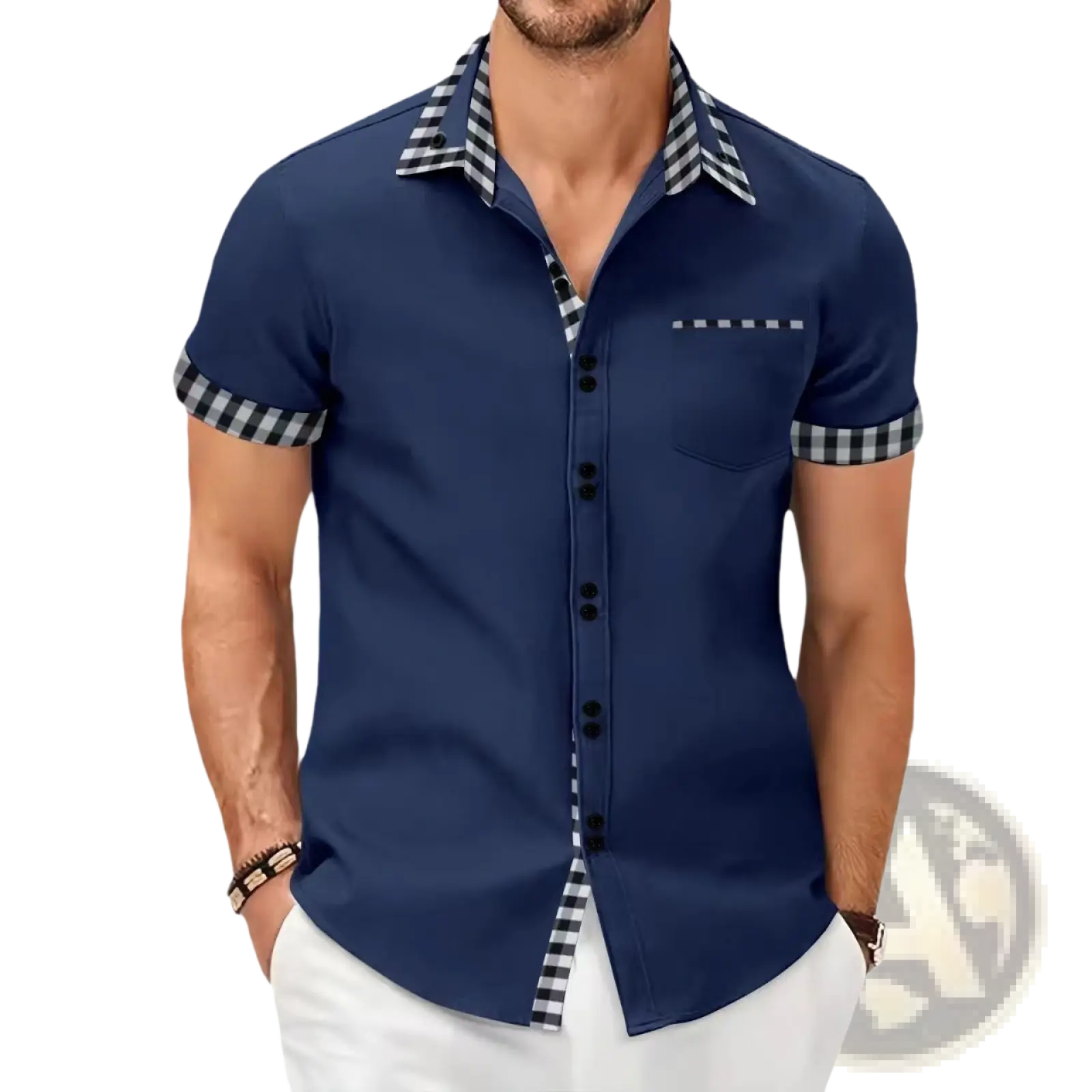 Men contrast checkered short sleeve button up shirt in navy blue with black and white checkered collar cuffs and lining