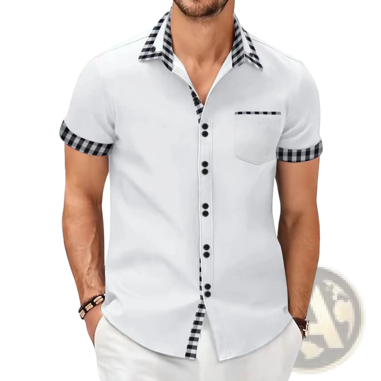Men contrast checkered short sleeve button up shirt in white with black and white checkered collar, cuffs, and placket trim