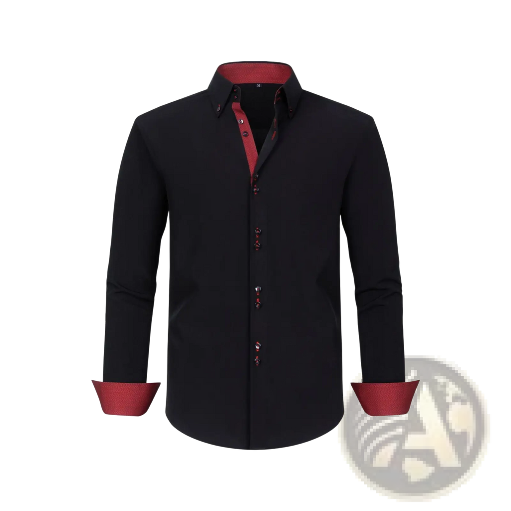 Men contrast collar dress shirt featuring black fabric with red inner collar, cuffs, and button accents for formal wear