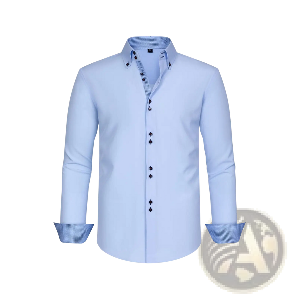 Light blue men contrast collar dress shirt with subtle patterned accents on collar cuffs and button placket
