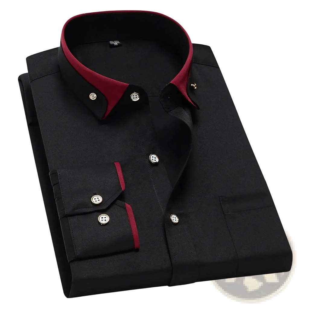 Men contrast collar stretch dress shirt in black with burgundy inner collar and cuff trim and silver buttons