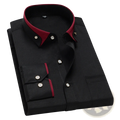 Men contrast collar stretch dress shirt in black with burgundy inner collar and cuff trim and silver buttons