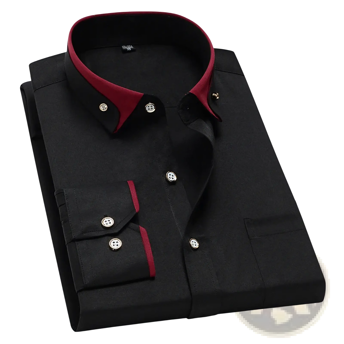 Men contrast collar stretch dress shirt in black with burgundy inner collar and cuff trim and silver buttons