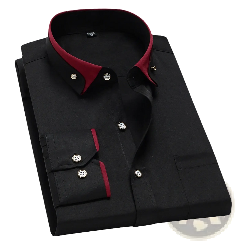 Men contrast collar stretch dress shirt in black with burgundy collar and cuff trim and silver buttons