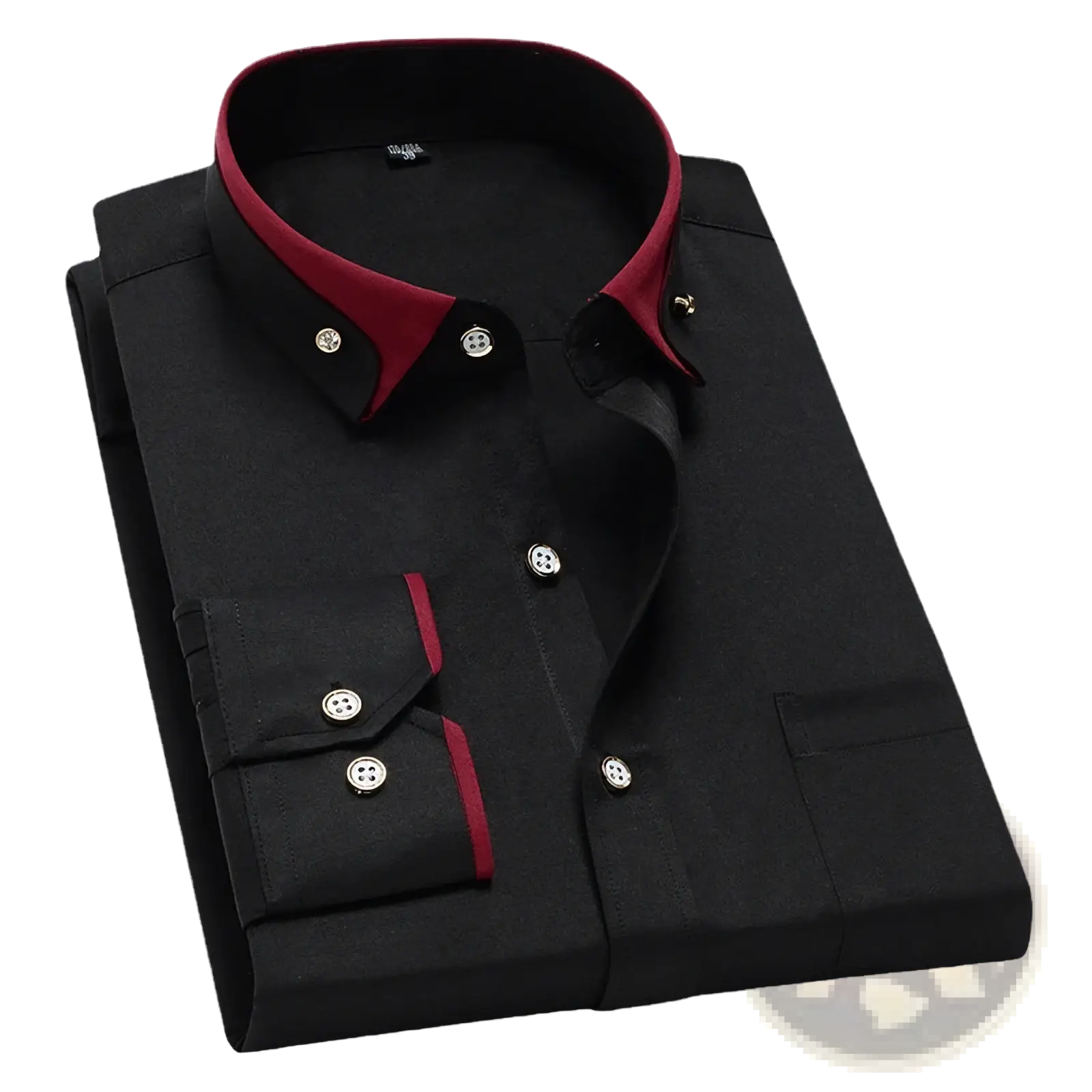 Men contrast collar stretch dress shirt in black with burgundy collar and cuff trim and silver buttons