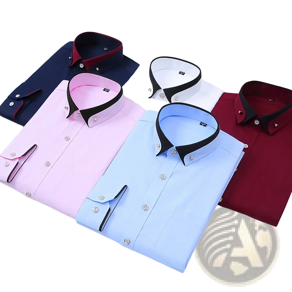 A collection of men contrast collar stretch dress shirts in navy pink light blue white and maroon with black collars and silver buttons