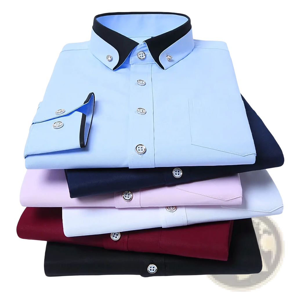 Stack of men contrast collar stretch dress shirts in pastel blue navy pink white burgundy and black with black collars
