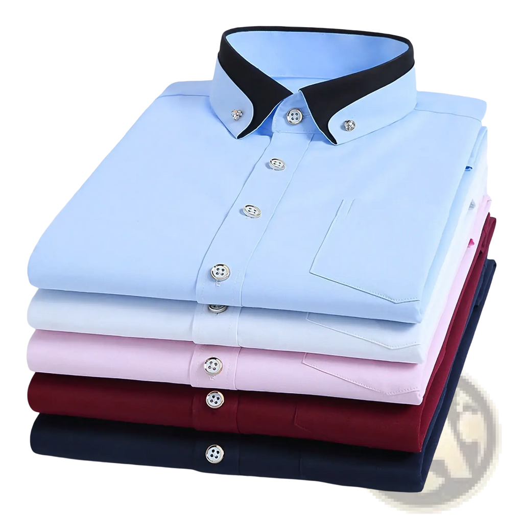 Stack of men contrast collar stretch dress shirts in pastel blue white pink burgundy and navy with black collar accents