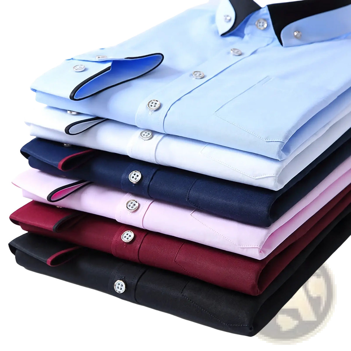Stack of men’s contrast collar stretch dress shirts in solid colors with contrasting inner collar linings neatly folded