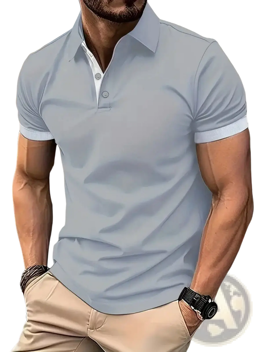 Light blue men contrast trim polo shirt with white collar and sleeve cuffs made of soft breathable fabric