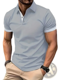 Light blue men contrast trim polo shirt with white collar and sleeve cuffs made of soft breathable fabric