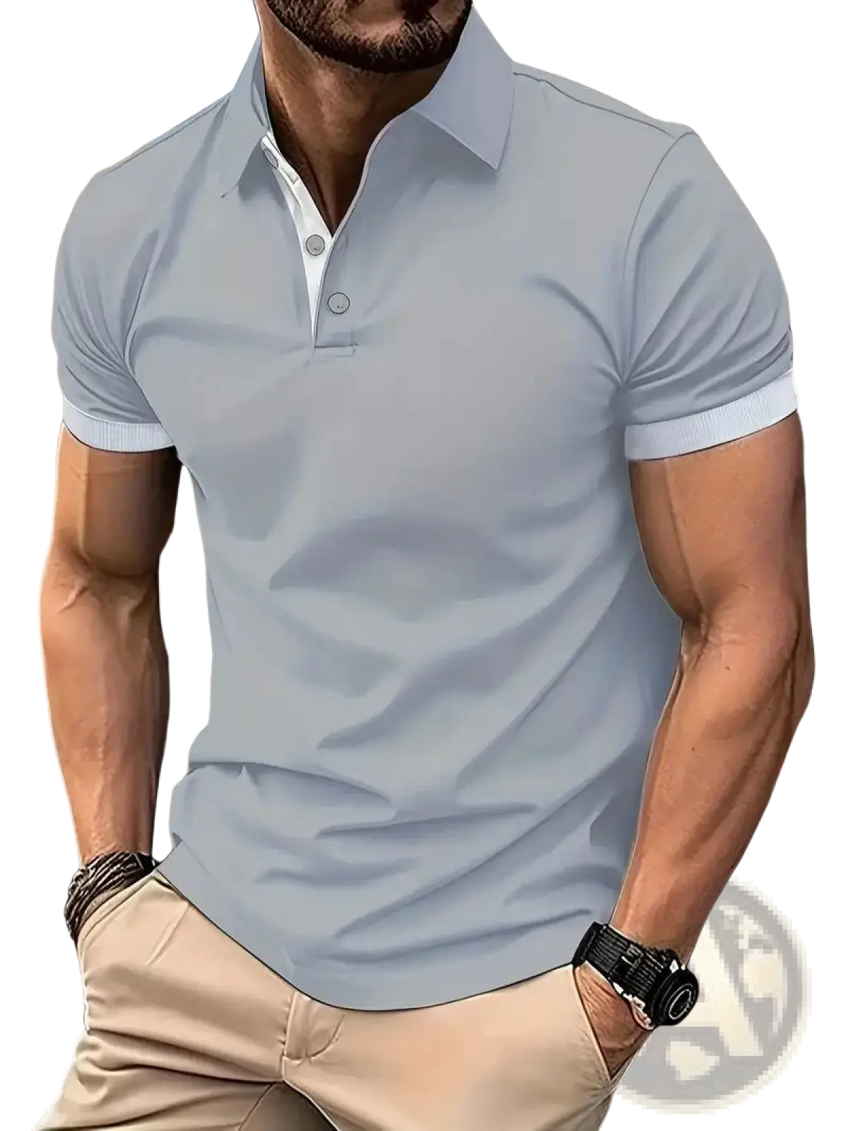 Light blue men contrast trim polo shirt with white collar and sleeve cuffs made of soft breathable fabric