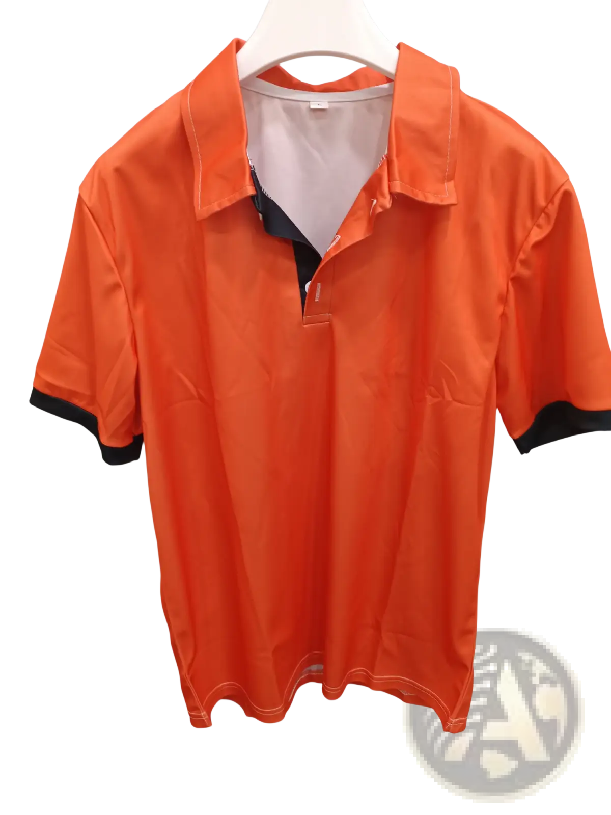 Bright orange men contrast trim polo shirt with black collar sleeve cuffs and placket in short-sleeved design