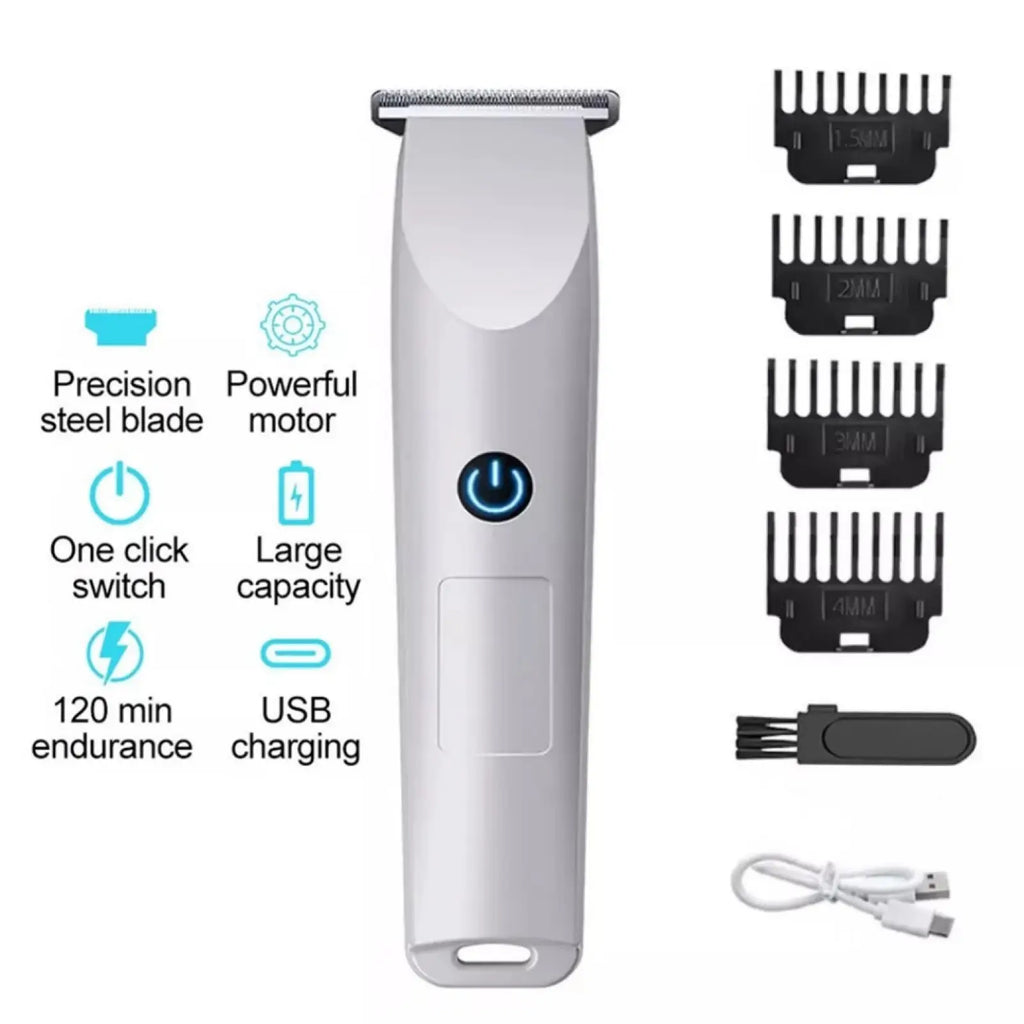Silver men cordless hair clippers with precision steel blade and four black comb attachments for professional beard trimming