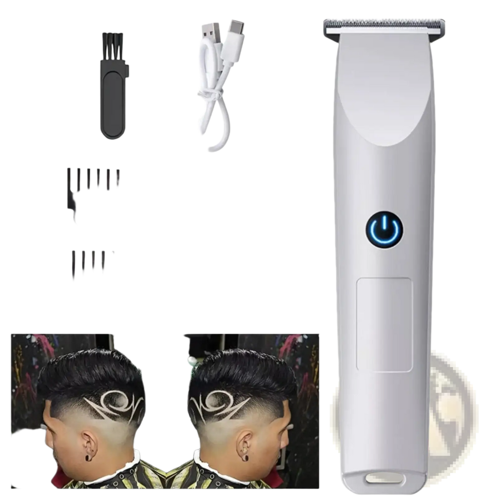 Men cordless hair clippers professional beard trimmer silver with blue power button and textured grip for easy handling