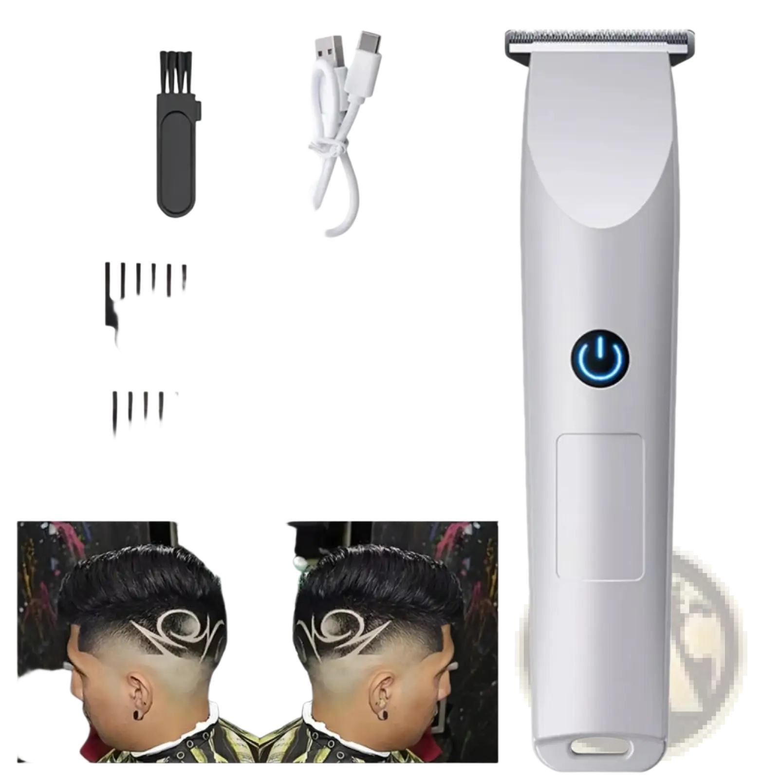 Men cordless hair clippers professional beard trimmer silver with blue power button and textured grip for easy handling