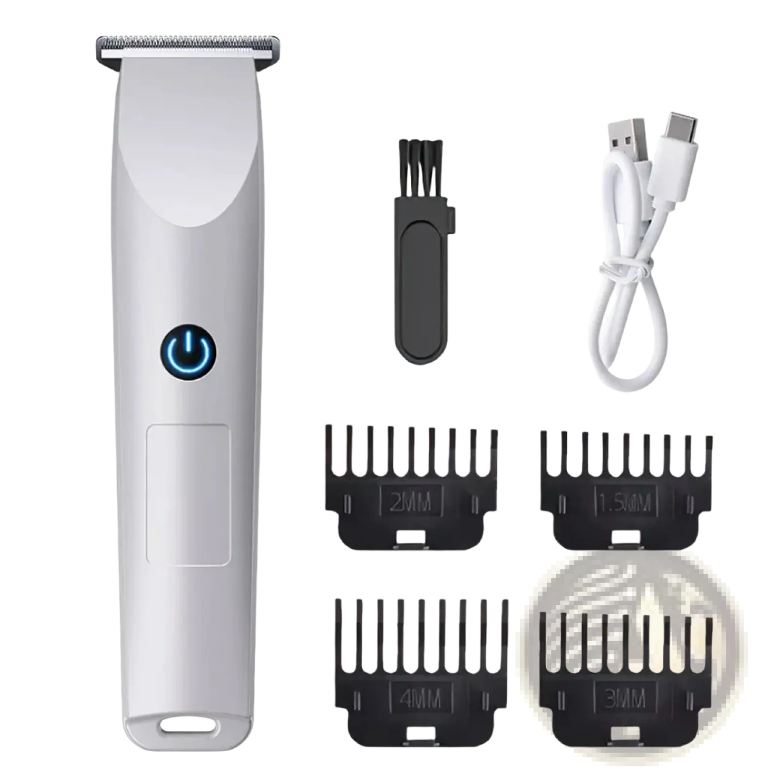 Men cordless hair clippers professional beard trimmer silver electric trimmer with blue power button and matte finish