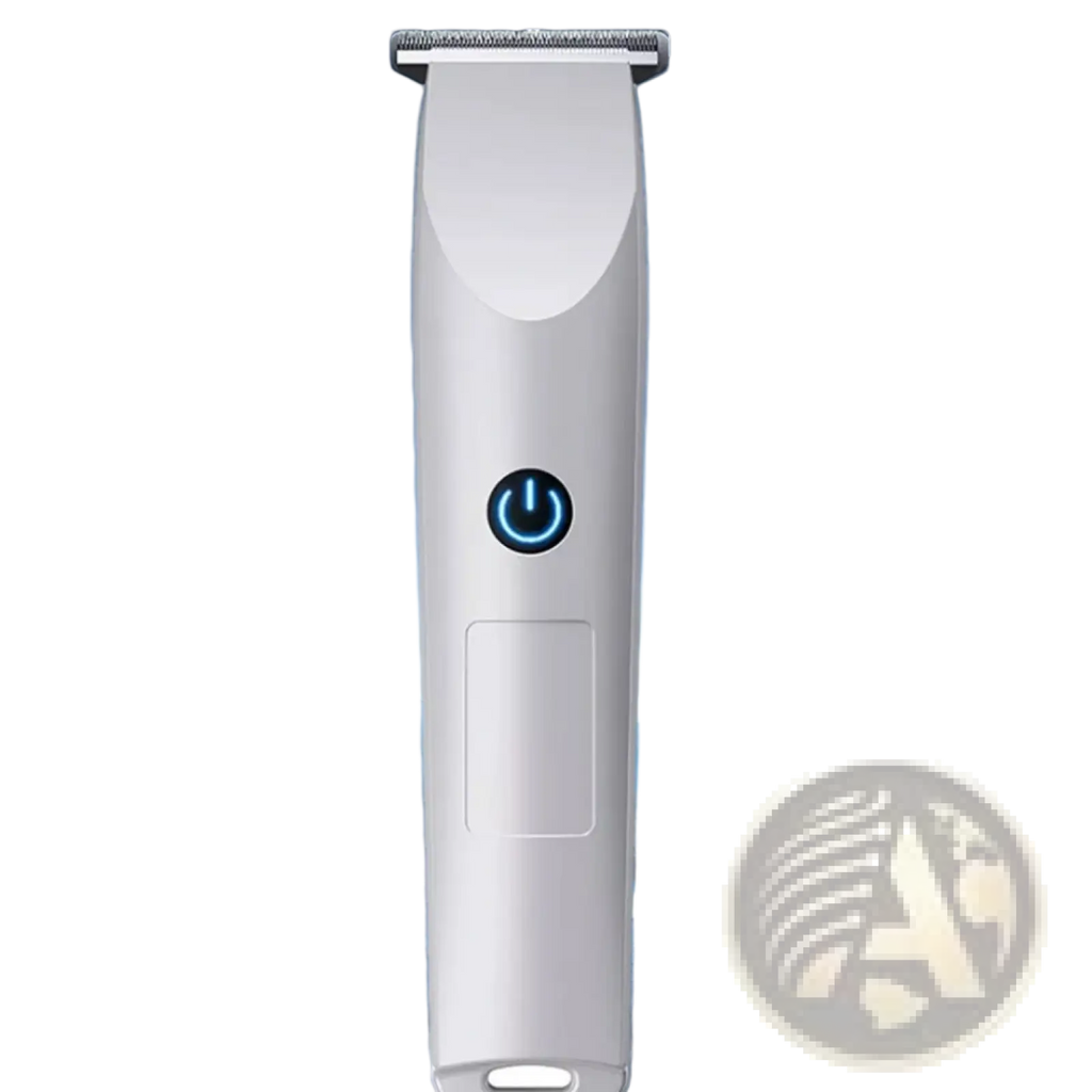 White electric men cordless hair clippers professional beard trimmer with sleek design and glowing blue power button