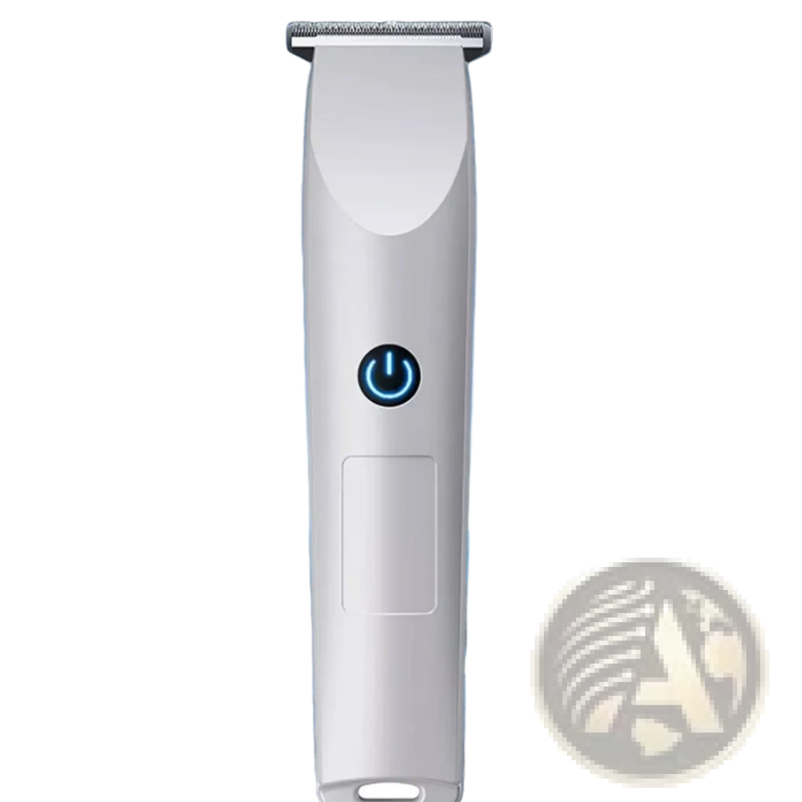 White electric men cordless hair clippers professional beard trimmer with sleek design and glowing blue power button