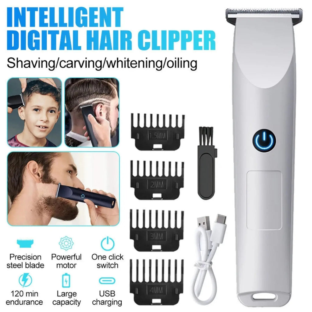 Silver intelligent cordless digital hair clipper with blue power button and usb charging cable for men professional beard trimming