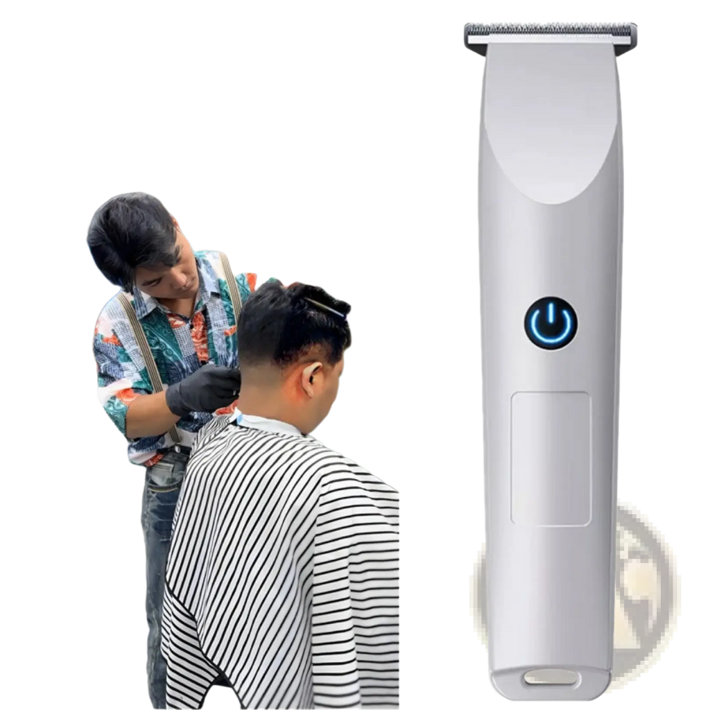Silver cordless electric hair trimmer with sleek modern design and blue power button for professional beard trimming