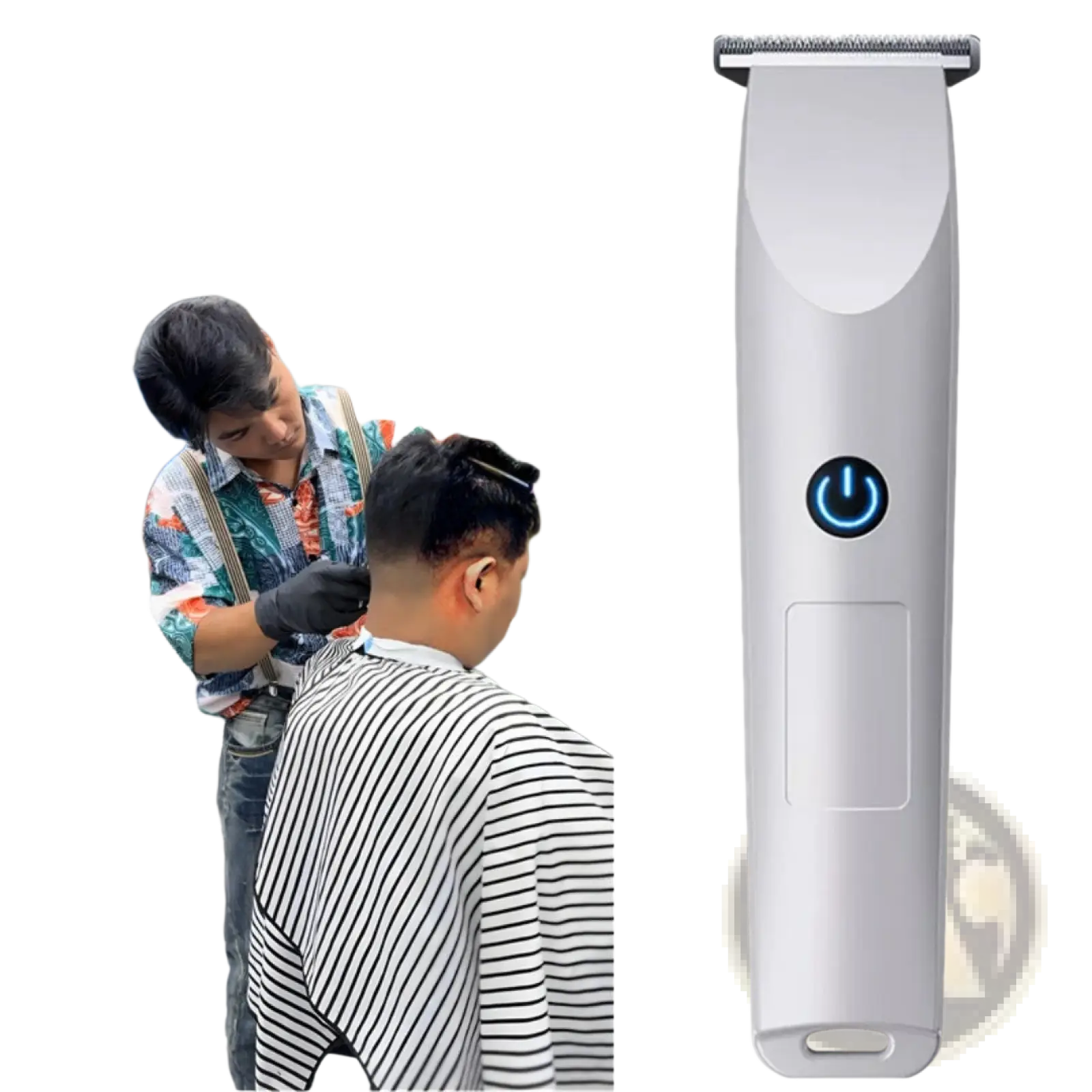 Silver cordless electric hair trimmer with sleek modern design and blue power button for professional beard trimming