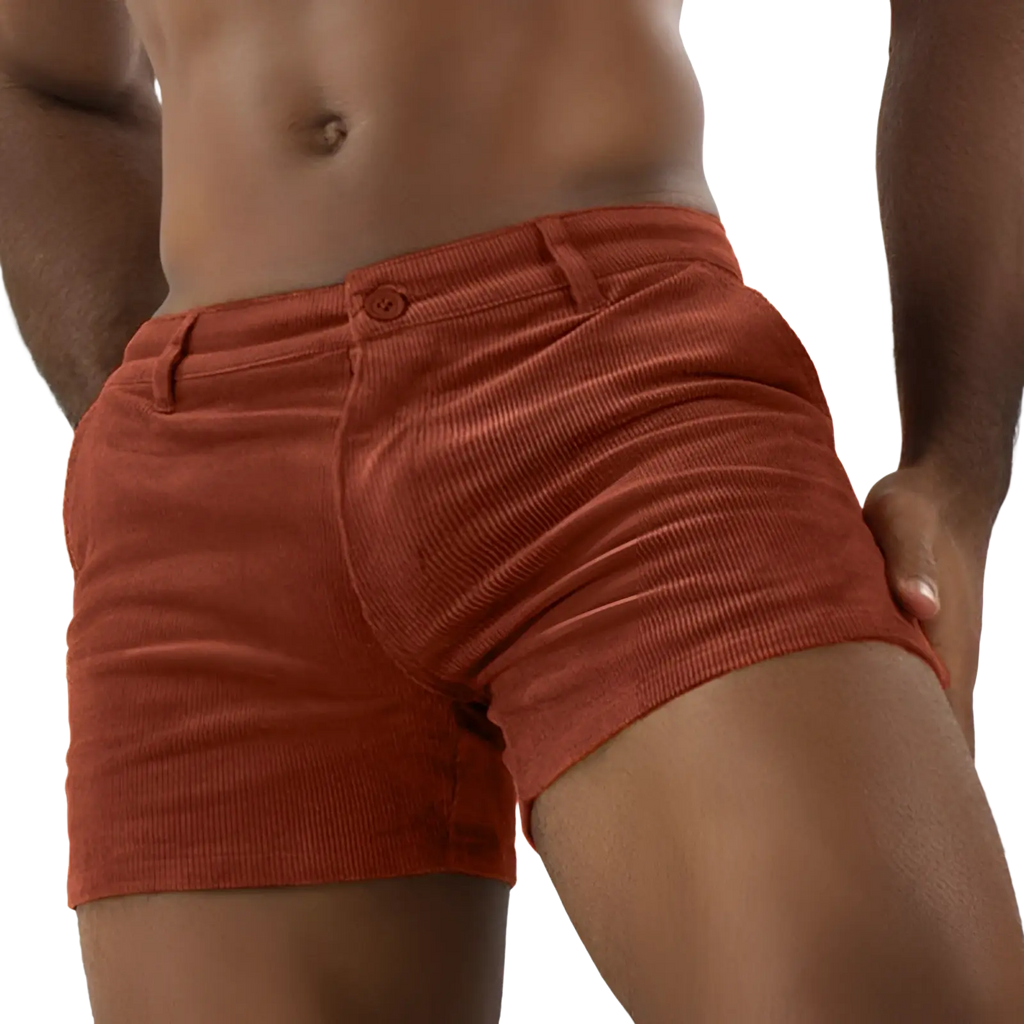 Men corduroy beach shorts in rich rust orange with classic button closure and tailored mid rise fit for casual wear