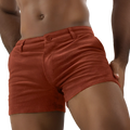 Men corduroy beach shorts in rich rust orange with classic button closure and tailored mid rise fit for casual wear