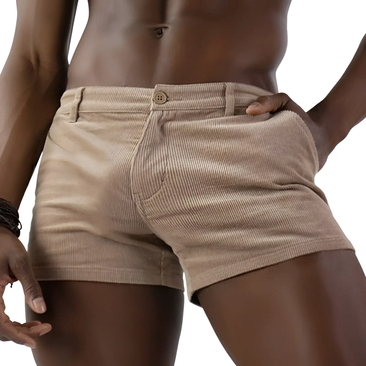 Beige corduroy men beach shorts with button closure and visible stitching for casual mid rise wear
