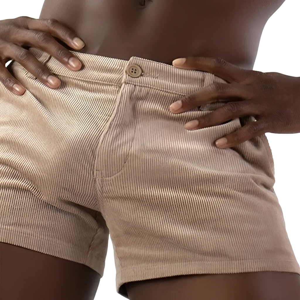 Beige corduroy men beach shorts with button closure casual mid rise for comfortable summer wear