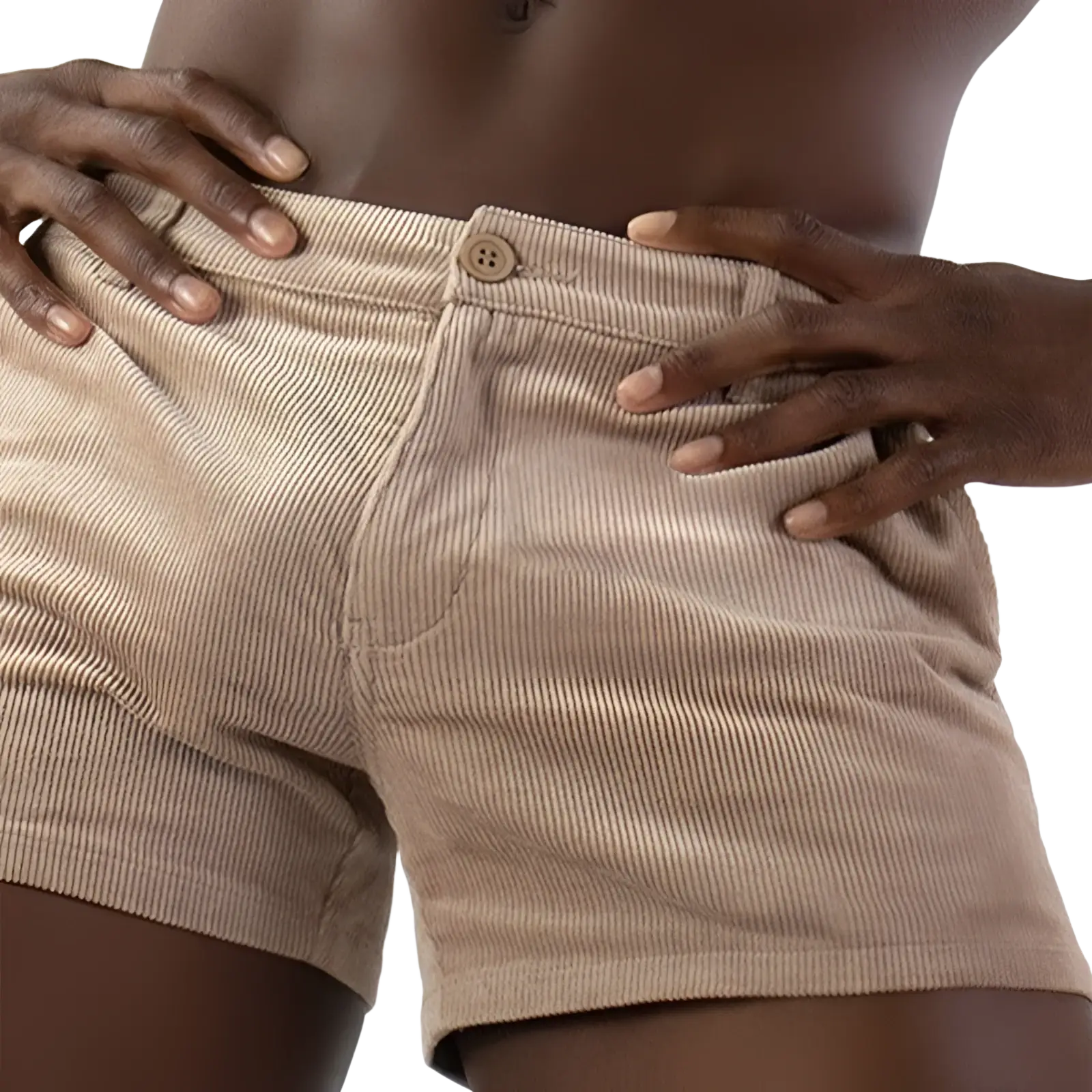Beige corduroy men beach shorts with button closure casual mid rise for comfortable summer wear