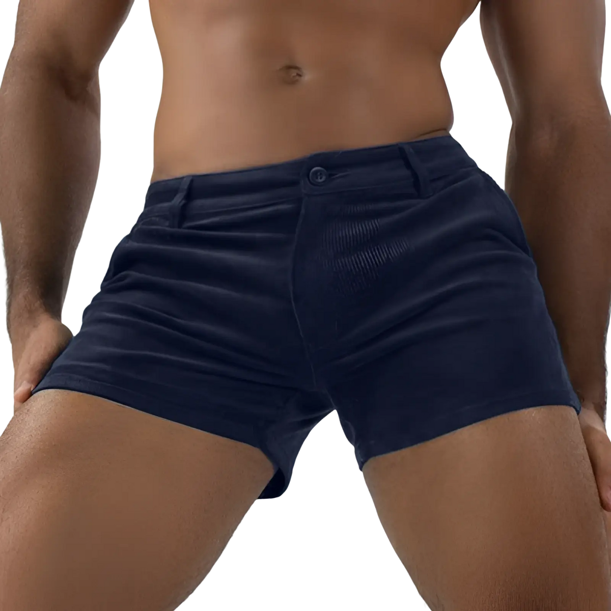 Men corduroy beach shorts in dark blue with classic button closure and belt loops for casual mid rise wear