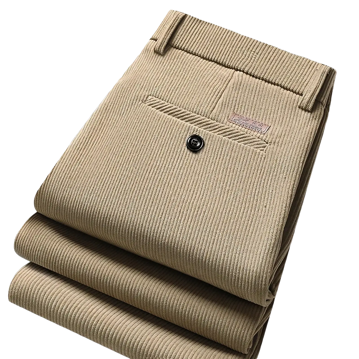 Beige men corduroy business casual pants with subtle ribbed texture and small brand label on front pocket