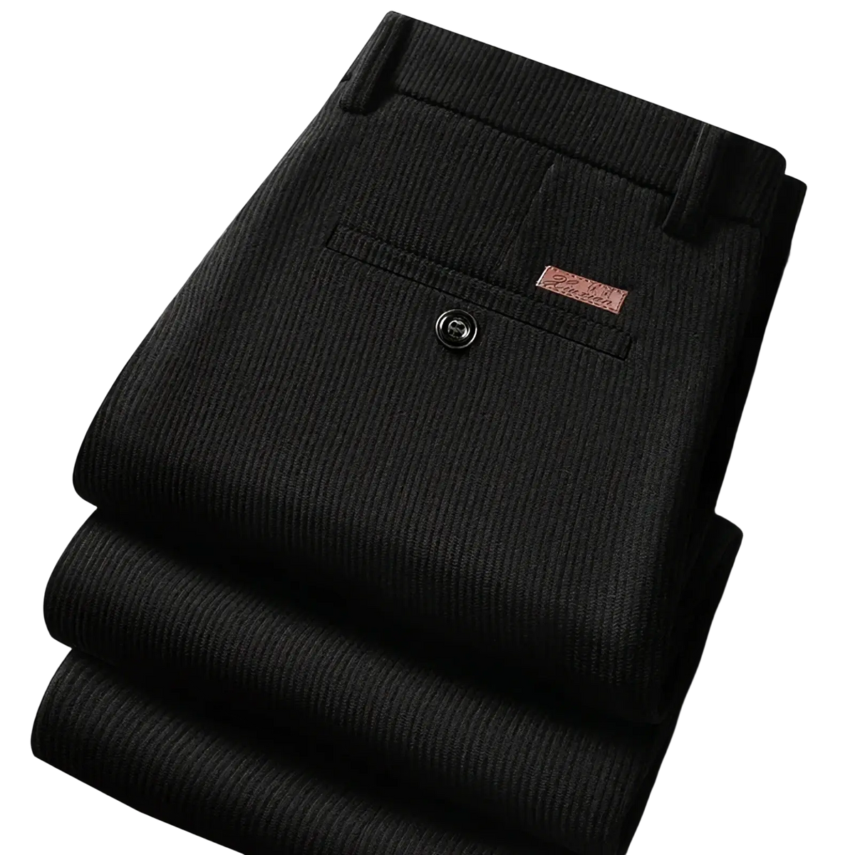 Men corduroy business casual pants in black with subtle ribbed texture and a small rectangular brand label on front pocket