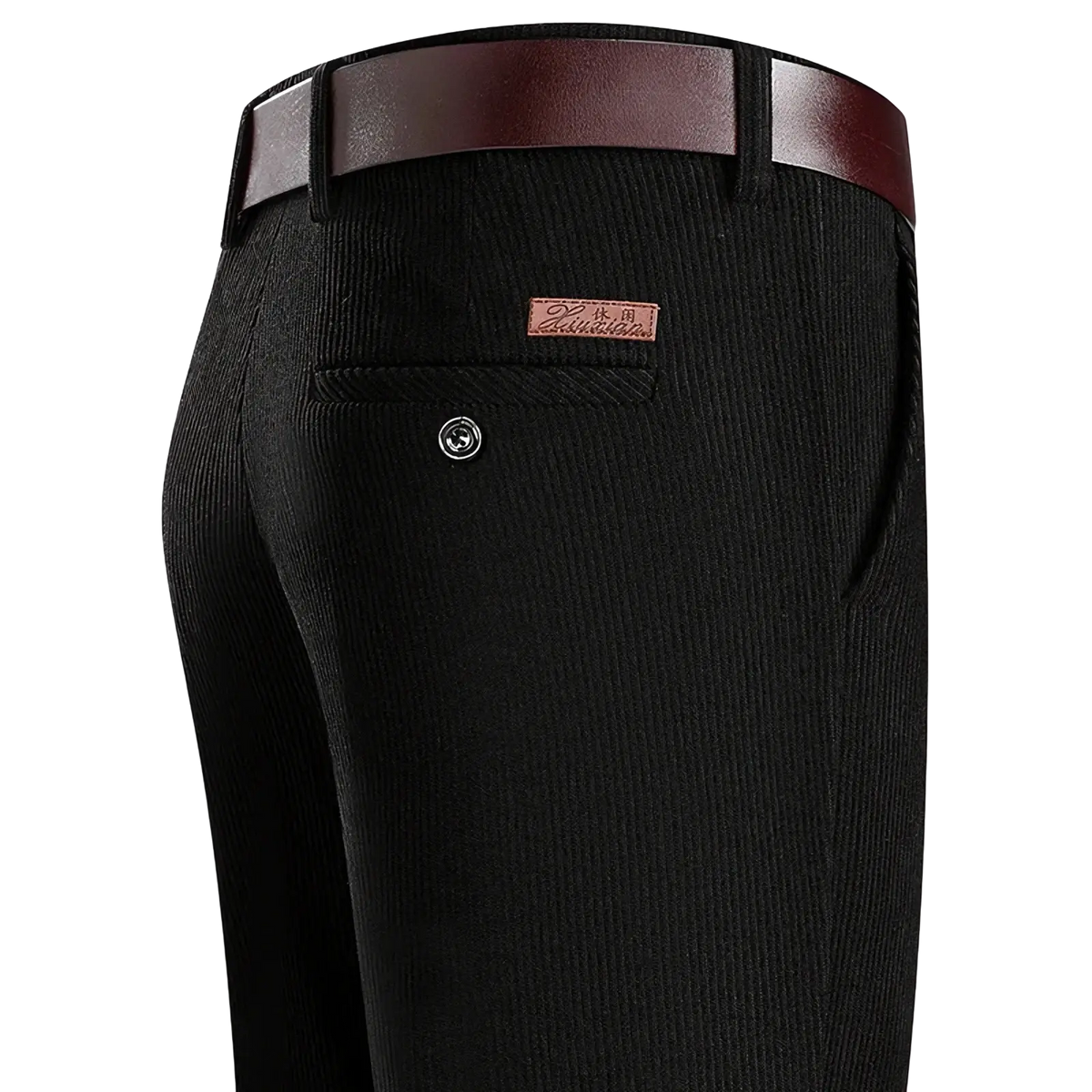 Men corduroy business casual pants in black with a brown leather belt and tan brand patch on the back pocket view