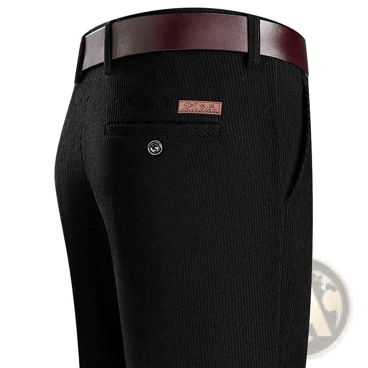 Men corduroy business casual pants in black with a brown leather belt and tan brand patch on the back pocket view