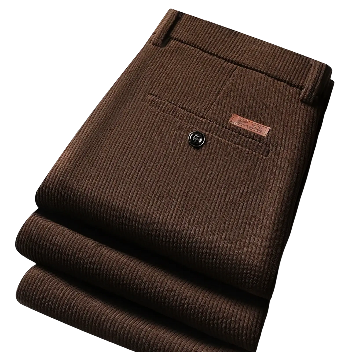 Men corduroy business casual pants in brown with subtle ribbed texture and small leather patch on front pocket