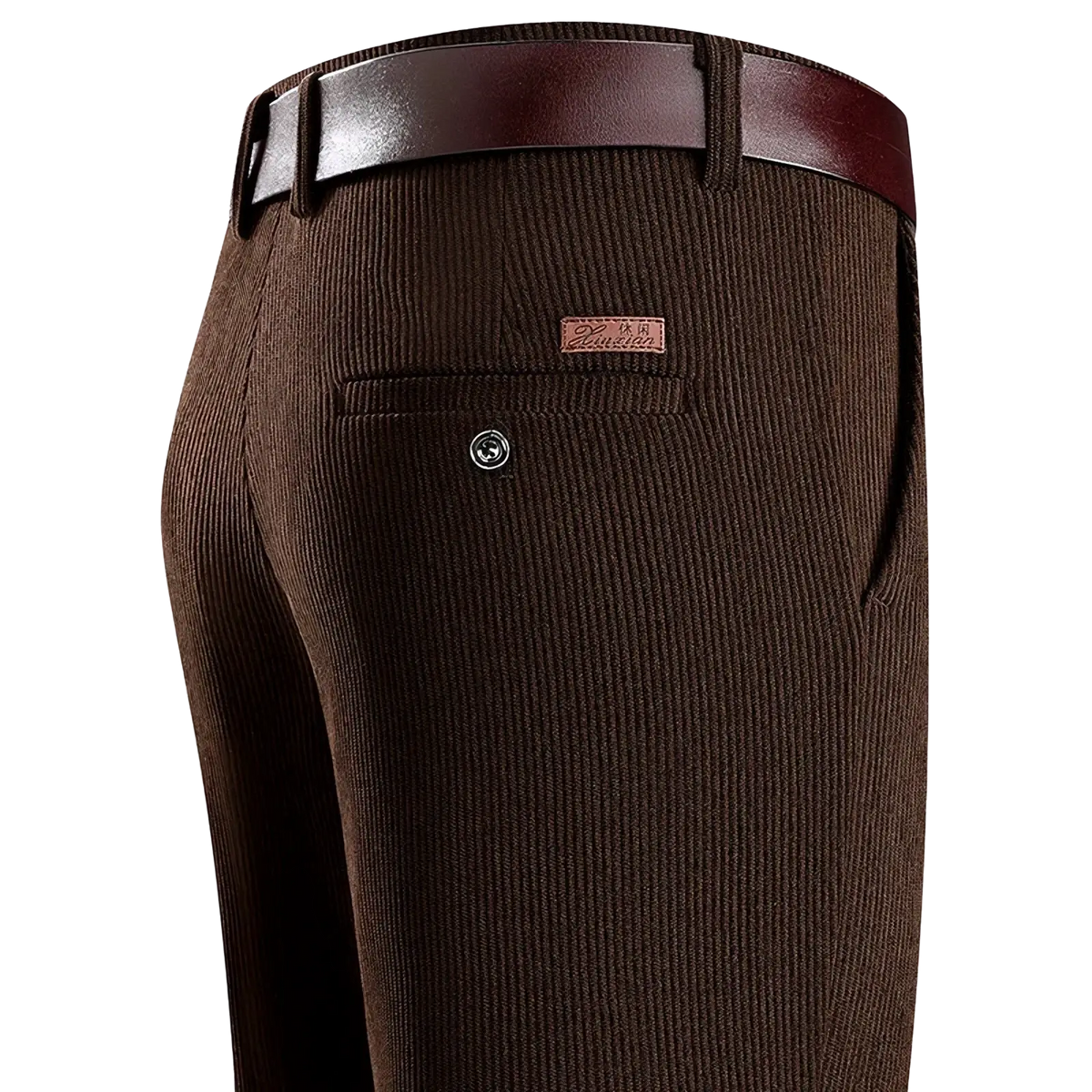 Brown corduroy men corduroy business casual pants with a matching belt showcasing a stylish textured fabric design