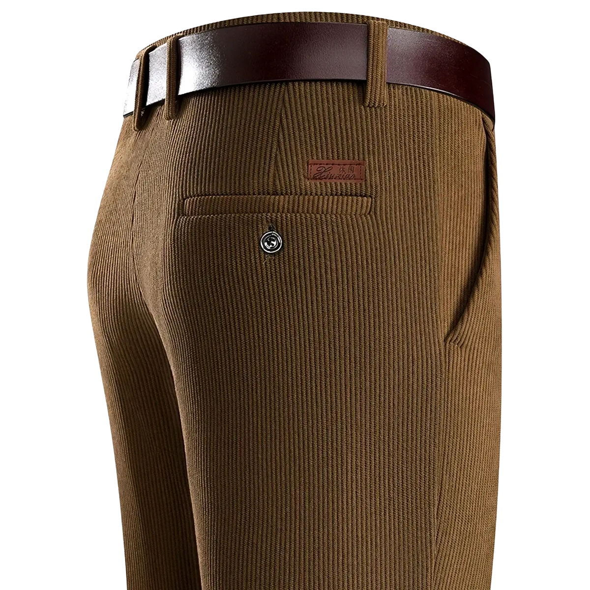 Men corduroy business casual pants in brown with subtle ribbed texture and matching leather belt shown from the back side