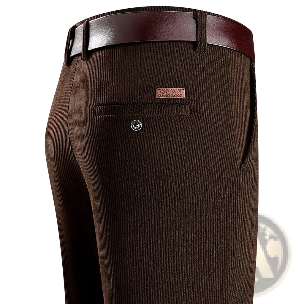Brown corduroy men corduroy business casual pants with a matching belt showcasing a stylish textured fabric design